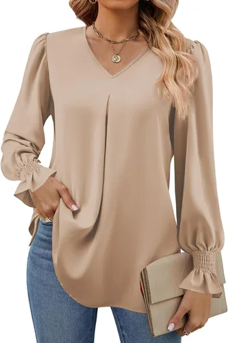 Vista 26 de Funlingo Blusas de mujer con mangas largas 2025, elegantes y casuales, con cuello en V, túnica suelta de gasa para el trabajo
