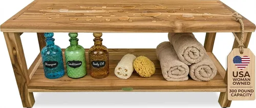 Vista 12 de EcoDecors Eleganto - Banco Taburete de ducha de madera de teca impermeable de 16 pulgadas de altura, color natural, silla de asiento para ducha