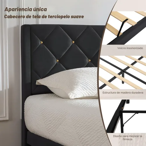 Vista 5 de Base de cama de plataforma de tamaño matrimonial con cabecero de terciopelo Sturdy Wooden Slats Support, Mattress Foundation, No Box Spring