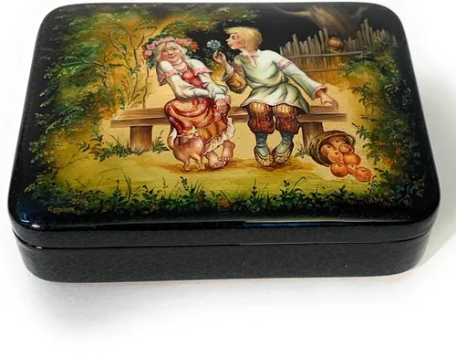 Vista 4 de Exclusiva caja de joyería decorativa rusa laca miniatura "Niños"". Hecho de papel maché Fedoskino.Decoración del hogar.Hecho a mano en Rusia.
