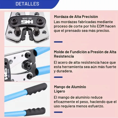 Vista 4 de HKS Herramienta de prensado de cable de batería para terminales de anillo de cobre AWG 10-1, crimpadora resistente para terminales de alambre
