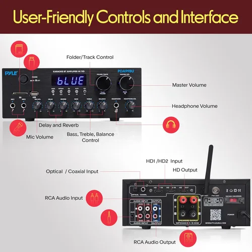 Vista 5 de Pyle Amplificador de Transmisión Inalámbrica Bluetooth, Receptor de Audio para Hogar Multicanal de 200W con Entrada/Salida de Alta Definición