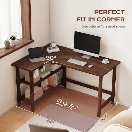 Vista 7 de IOTXY Escritorio de oficina reversible en forma de L, mesa de computadora compacta de 45 pulgadas con estantes de almacenamiento, patas de madera