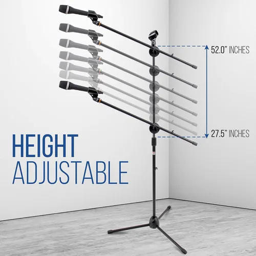 Vista 2 de Pyle Soporte universal para micrófono de trípode, par de altura ajustable de 27.5 a 52 pulgadas de alto y longitud de pluma extensible de 24