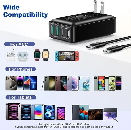 Vista 7 de Bloque de cargador USB C, 40 W, plano de 4 puertos, enchufe de pared USB de doble PD QC, adaptador de corriente de viaje de carga rápida multipuerto