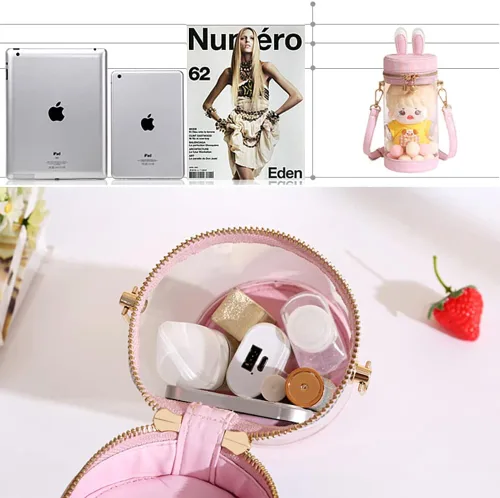 Vista 5 de Orejas de conejo transparente cubo Cilindro Ita bolsa, PVC amor doble cremallera bolso de hombro, Kawaii Lolita Crossbody Bag