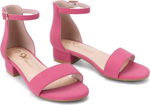 Vista 59 de Athlefit Sandalias para niñas, puntera abierta, correa en el tobillo, tacones bajos, zapatos de vestir para niñas pequeñas y grandes