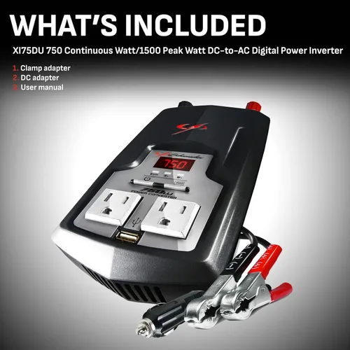 Vista 4 de Schumacher Electric Convertidor de corriente CC a CA, XI75DU, 750 vatios continuos, 1500 vatios de pico, 2 salidas de CA, puerto USB de 2 amperios