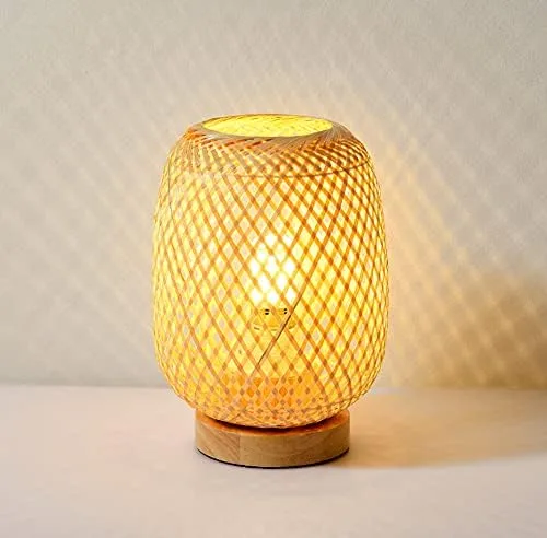 Vista 2 de Lámpara de mesa de escritorio de bambú con base de madera y exquisita pantalla de lámpara, ideal para combinar con cualquier decoración moderna