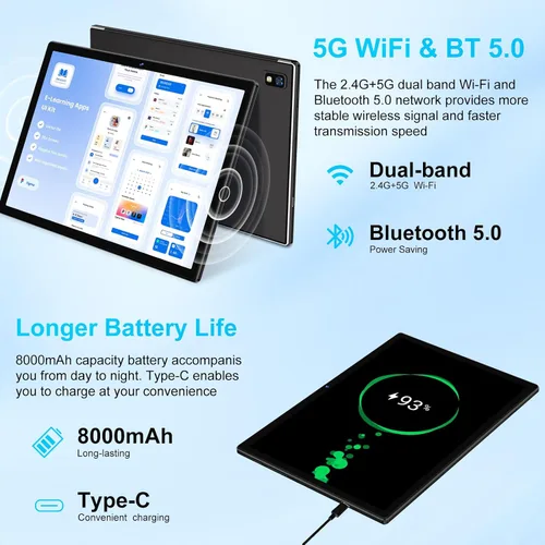 Vista 5 de Tablet 2026, tabletas Android 15 de 10 pulgadas 22GB+128GB+1TB Expand, tableta electrónica 2 en 1 Octa-Core con funda de teclado y mouse, batería