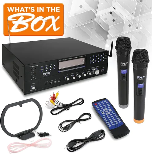Vista 8 de Pyle Sistema amplificador de micrófono inalámbrico de 4 canales, receptor estéreo de audio para el hogar con reproductor de CD/DVD, micrófonos UHF