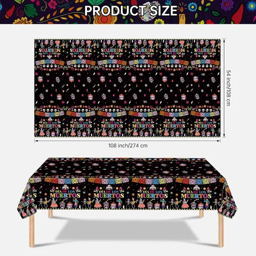 Vista 3 de 2 Piezas Mantel del Día de los Muertos - Mantel de Plástico Dia De Los Muertos, Mantel Desechable con Calavera de Azúcar Floral Cubierta de Mesa