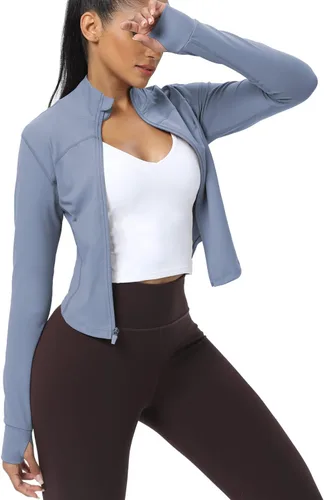 Vista 27 de AVGO Chaquetas de entrenamiento recortadas para mujer, con cremallera, ajustadas, atléticas, con agujeros para el pulgar