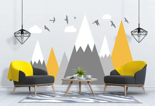 Vista 5 de Vinilo adhesivo de pared de montaña, para habitación de bebé, guardería, tema de aventura, pájaros nubes, BA972 (color 1 amarillo, 71 x 43 pulgadas)