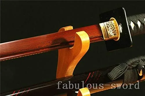 Vista 6 de Espada GLW de 41 pies de acero Damasco plegado rojo japonés Samurai recto Katana lista para la batalla
