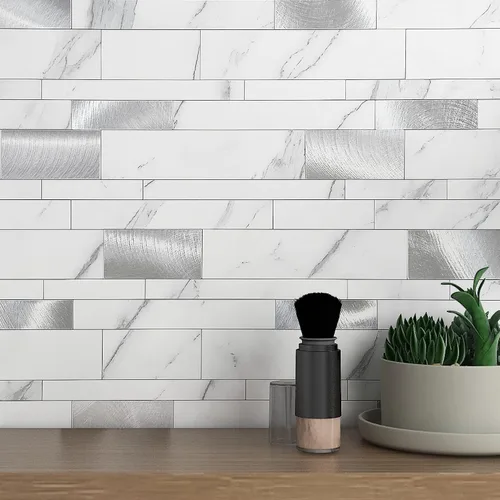 Vista 8 de VAOVI Azulejos autoadhesivos para salpicaduras de cocina, azulejos estilo metro lineal de mosaico de piedra para baño, pared de ducha impermeable