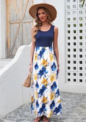 Vista 2 de Bluetime Vestido largo de verano para mujer, estilo bohemio, sin mangas, estampado floral (S-3XL)