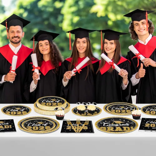 Vista 8 de QZYL 200 suministros para fiesta de graduación 2026, platos y servilletas de graduación negros y dorados, platos de postre desechables y tenedores