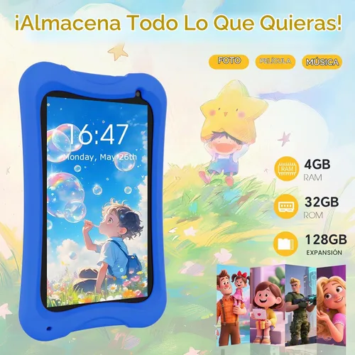 Vista 3 de DigiLand Tablet para niños de 7 pulgadas, Android 15 tabletas con funda protectora, 4 GB de RAM+32 GB de ROM, pantalla IPS de 1024 x 600, cámara Azul