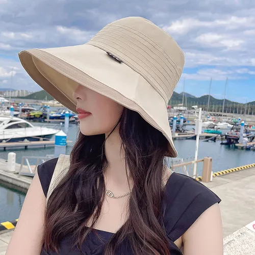 Vista 7 de Sombreros de sol de ala ancha para mujer, sombreros de pesca de playa de verano, gorra plegable con protección UV Beige
