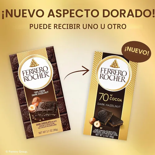 Vista 6 de Ferrero Rocher Barra de chocolate premium, 70% de chocolate amargo, avellana y relleno de cacao, 8 unidades, 3.1 onzas cada una