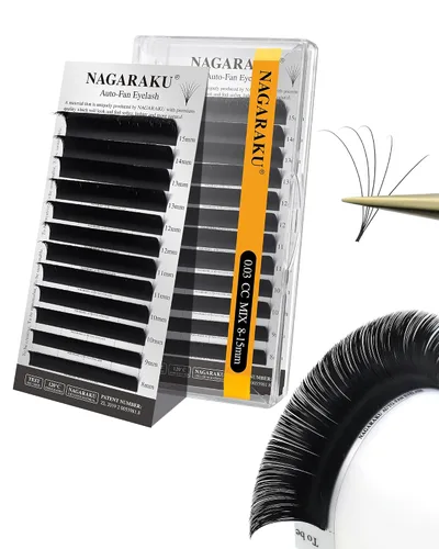 Vista 14 de NAGARAKU Easy Fan - Extensiones de pestañas prefabricadas en abanico de 3 capas, pestañas autoflorecientes de mega volumen, pestañas automáticas