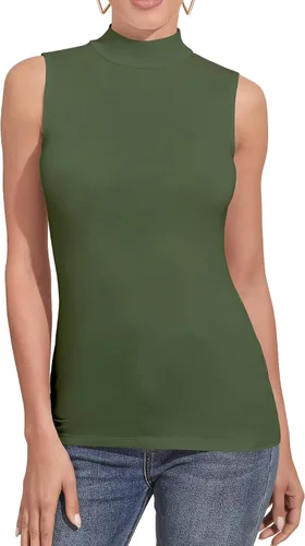 Vista 9 de Camiseta Top sin Mangas de Manga Larga para Mujer, Cuello de Tortuga Simulado, Básica, Ajuste Elástico, Suéter Ligero, Camisa Entallada Verde militar