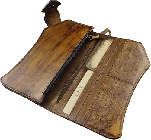Vista 4 de clásico pesado grueso Piel Genuino hecho a mano billetera Unique Biker cartera café 92