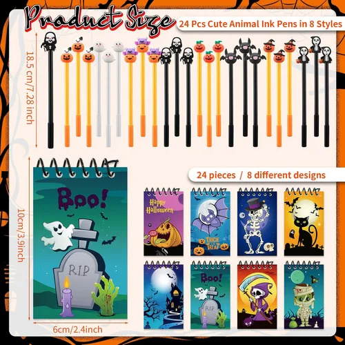 Vista 3 de Jetec Juego de 48 cuadernos de Halloween, mini bloc de notas en espiral, divertidos bolígrafos de gel de dibujos animados, fantasma, calabaza