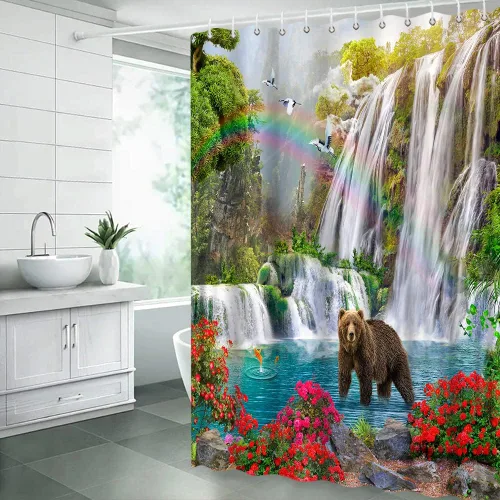Vista 2 de Cortina de ducha con diseño de cascada, diseño de oso tropical, vida silvestre, oso, selva, flor, pájaro, plantas, arcoíris, naturaleza, paisaje