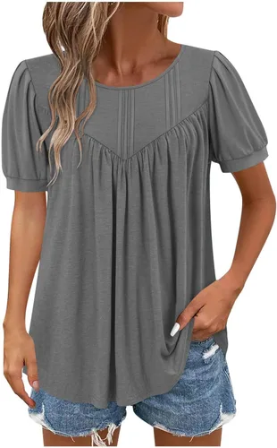 Vista 18 de Blusas para mujer, elegantes, casuales, de verano, de manga corta, plisadas, holgadas, suaves, cómodas, de moda a01 blanco