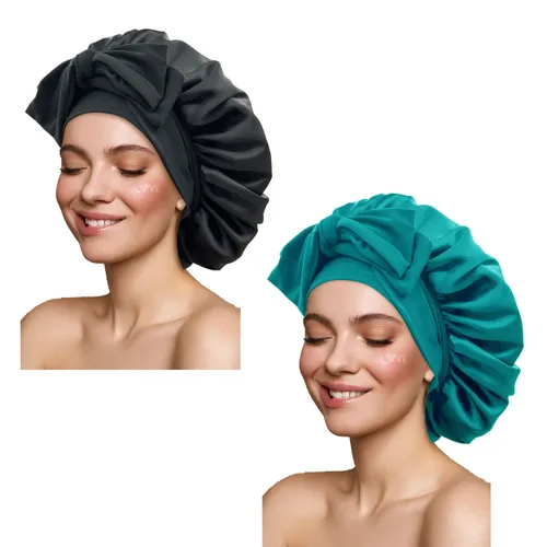 Vista 8 de Gorro de satén de seda para dormir con banda de amarre y tiras ajustables, para mujeres con cabello rizado y trenzado, color negro, tamaño grande