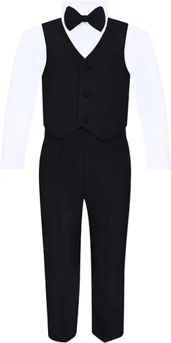 Vista 3 de Conjunto de esmoquin de 5 piezas para niños, incluye chaqueta formal, pantalones, camisa, chaleco y pajarita, color negro, Negro