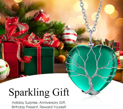 Vista 4 de Bestyle Collar de cristal curativo envuelto en árbol de la vida, colgante de piedra natal de 12 meses para mujeres, joyas de piedras preciosas