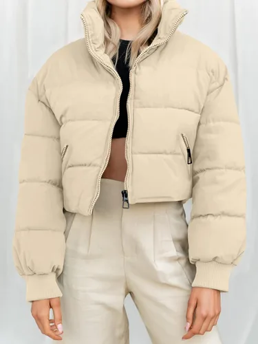 Vista 7 de MEROKEETY Women's Winter Cropped Puffer Jacket Long Sleeve Oversized Stand Collar Zip-Up Short Down Coat