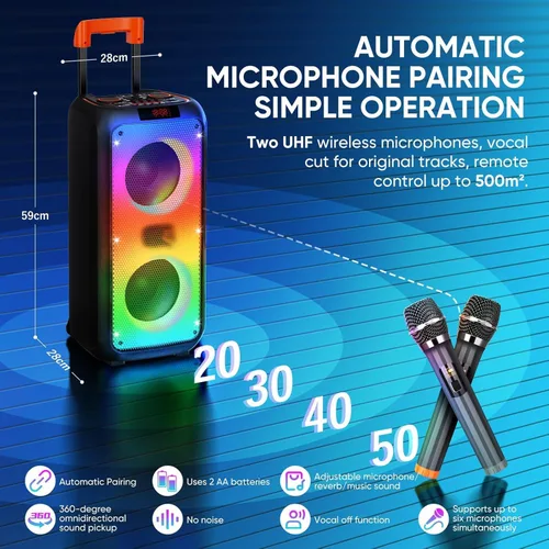 Vista 3 de Máquina de karaoke para adultos, sistema PA portátil, máquina de karaoke con 2 micrófonos, compatible con modo TF/USB/AUX, TWS y LED para el hogar