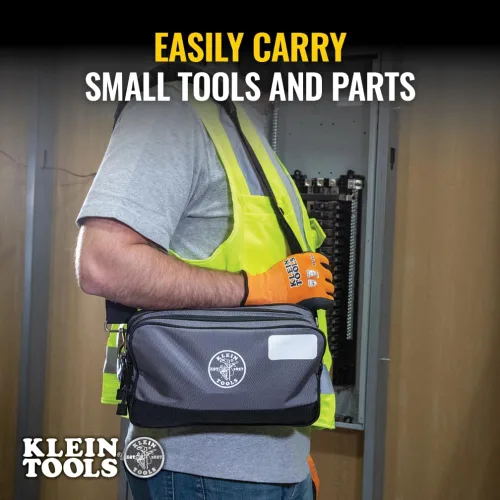 Vista 4 de Klein Tools Bolsa de herramientas, compartimentos dobles, organizador de bolsas de herramientas de alta resistencia, bolsa multiusos Gris