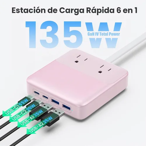 Vista 6 de Estación de carga de 135W con tira de alimentación USB C, bloque cargador USB C GaN 6 en 1 con enchufe y cable de 5 pies, 2 AC, 2 USB-A, 2 USB-C