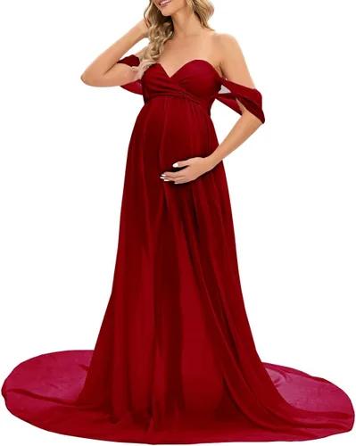 Vista 3 de ZIUMUDY Vestido largo de gasa de maternidad para sesión de fotos, fotografía con hombros descubiertos, vestido de gasa transparente envuelto