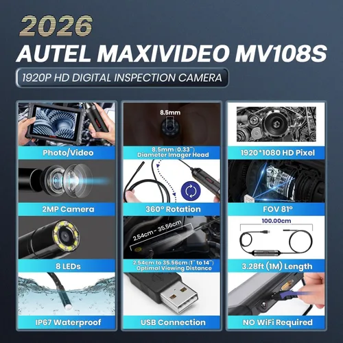 Vista 2 de Autel MaxiVideo MV108S - Cámara de inspección digital, 2026 más reciente