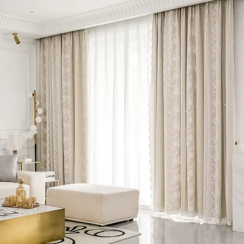 Vista 2 de Cortinas opacas de doble capa para dormitorio, cortina de ventana con ganchos, cortinas bordadas transparentes de tul para sala de estar Beige