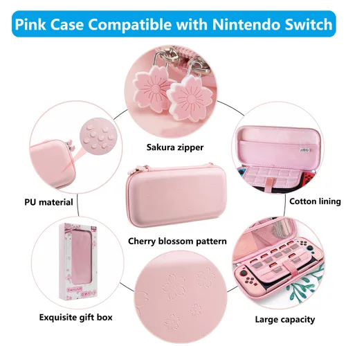 Vista 2 de OLDZHU Pink Travel Carrying Case Accessories Kit Compatible With Nintendo Switch - 10 in 1 Essential Protection Kits with Hard Protective