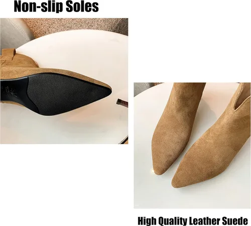 Vista 8 de Dance&Style Zapatos de tacón de gatito de 2.36 pulgadas para mujer, botas de tobillo de gamuza de cuero, botas de invierno retro