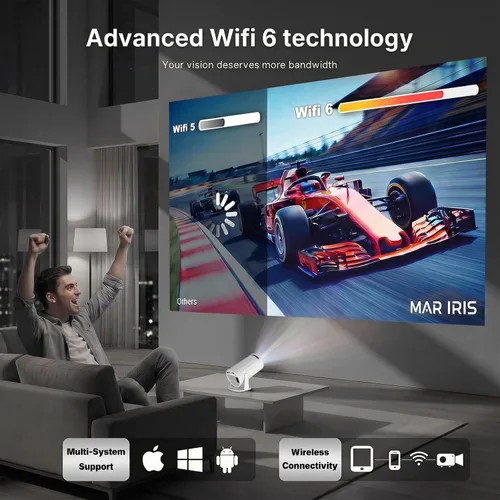 Vista 2 de Mini proyector con WiFi y Bluetooth, proyector portátil 1080P, Keystone automático, rotación de 210°, proyector inteligente con aplicación integrada