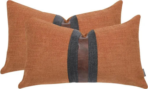 Vista 18 de Juego de 2 fundas de almohadas decorativas de cuero, decoración de exteriores, lino con parches, almohadas de cuero sintético marrón, funda