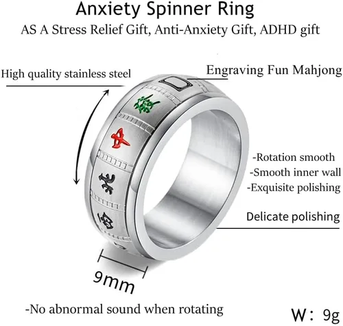 Vista 3 de Mahjong - Anillo de buena suerte para hombres y mujeres, de acero inoxidable, giratorio, anillo de afinación fino, regalo para él y ella