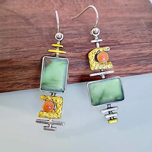 Vista 2 de Pendientes de turquesa geométricos y bohemios hechos a mano, ligeros, lágrima, Tauren, largos aretes colgantes de gota para mujeres y niñas