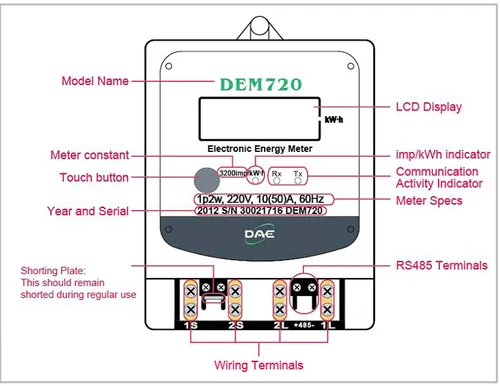 Vista 5 de DAE DEM720-1P Submetro eléctrico kWh, RS485, 1P2W (1 cable caliente, 1 neutro), 120v, 50A, CT interno