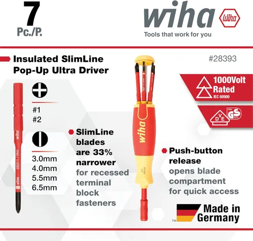 Vista 3 de Wiha 28393 Juego de cuchillas aisladas SlimLine Ultra-Driver de 7 piezas ranuradas, Phillips