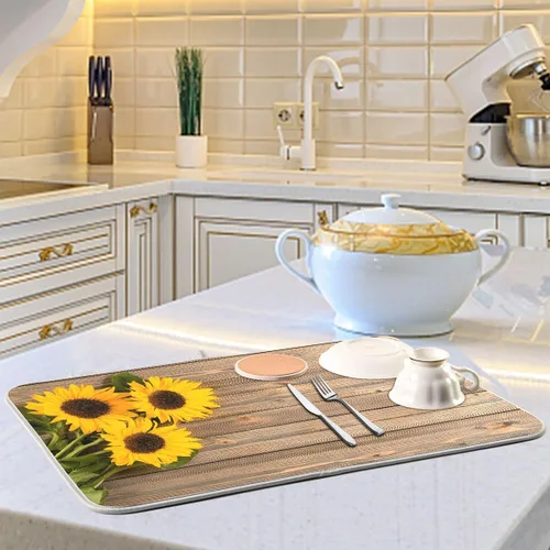 Vista 6 de Tapete de secado de platos, girasoles en madera, tapete de secado reversible absorbente de flores, tapete de secado de platos, tapete para secar